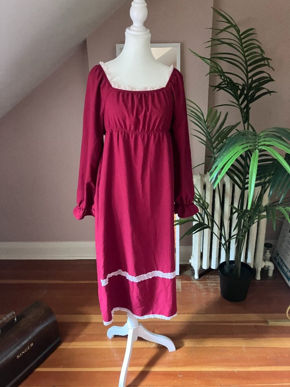 Red & white empire waist puffy sleeve nightdress nightgown lounge dress slip